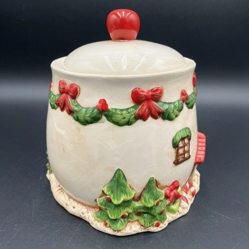 Cookie Jar Gingerbread House Trees Bows Candy Cane Crackle Effect Christmas